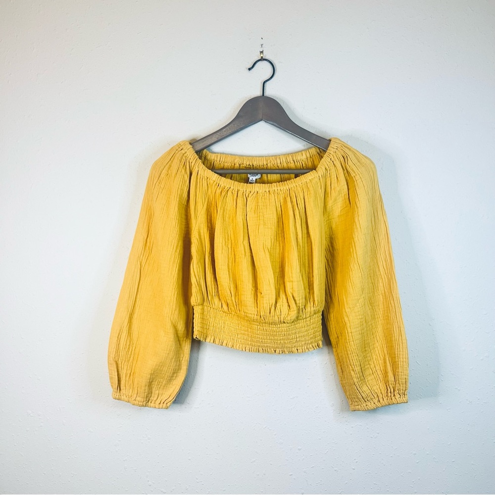 Kensie Off The Shoulder Bohemian Puff Sleeve Women’s Ochre Crop Top Sz S NWT